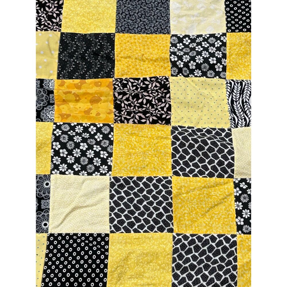 Handmade Black Yellow White Patchwork Quilt Throw Soft Minky Backing 60x47 - Picture 4 of 6